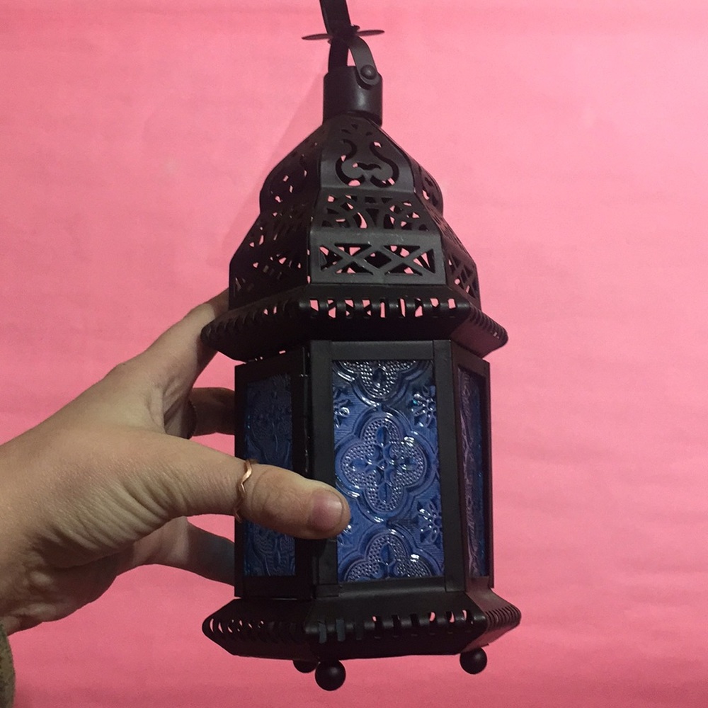 Moroccan Lantern Stained Glass Black Blue Tealight